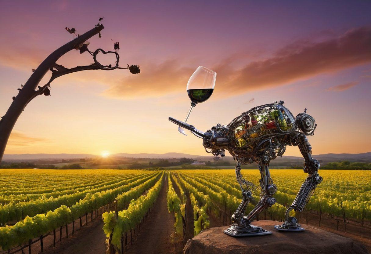 A whimsical fusion of a vineyard landscape intertwined with intricate robotic sculptures, showcasing wine bottles and glasses harmoniously blended with mechanical elements. The scene features vibrant vineyards under a sunset, with steampunk-inspired robots elegantly designing intricate wine art. Emphasize the contrast between nature and technology, highlighting creativity and organic beauty. surrealistic. vibrant colors. warm tones.