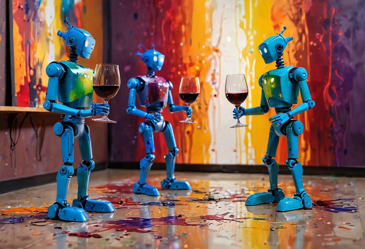 A whimsical scene combining wine glasses, vibrant splashes of paint, and intricate robotic sculptures, all set in an artistic studio. Surrounding the objects, hints of vines and grapes to tie in the wine theme, with an array of colorful paint splatters across the floor. Warm lighting to create an inviting atmosphere, with a soft focus on the background for depth. The robots should be elegantly designed, showcasing their creative process. impressionist painting. vibrant colors. warm ambiance.