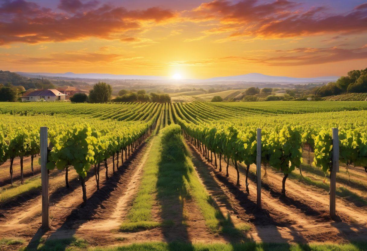 A picturesque vineyard landscape blending seamlessly into a digital art studio, showcasing rich grapevines on one side with clusters of grapes, and on the other side, automated art tools creating vibrant wine-themed artworks. Include a soft golden sunset illuminating the scene, balancing nature with technology. Highlight artistic elements like paintbrushes and easels amidst the vines. super-realistic. vibrant colors. 3D.